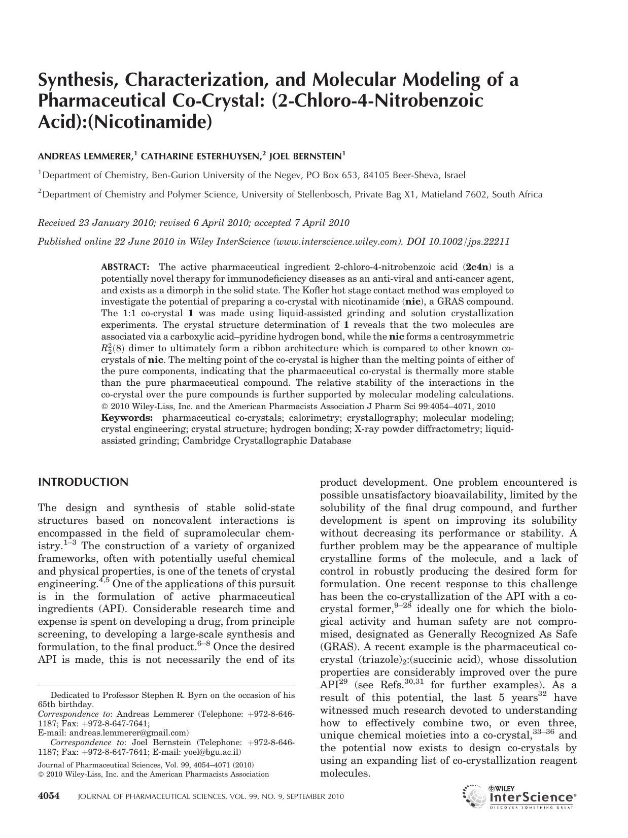 Synthesis, characterization, and molecular modeling of a pharmaceutical co?crystal: (2?chloro?4?nitrobenzoic acid):(nicotinamide) by Unknown