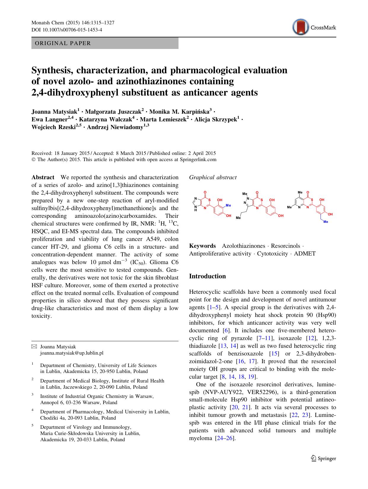 Synthesis, characterization, and pharmacological evaluation of novel azolo- and azinothiazinones containing 2,4-dihydroxyphenyl substituent as anticancer agents by unknow