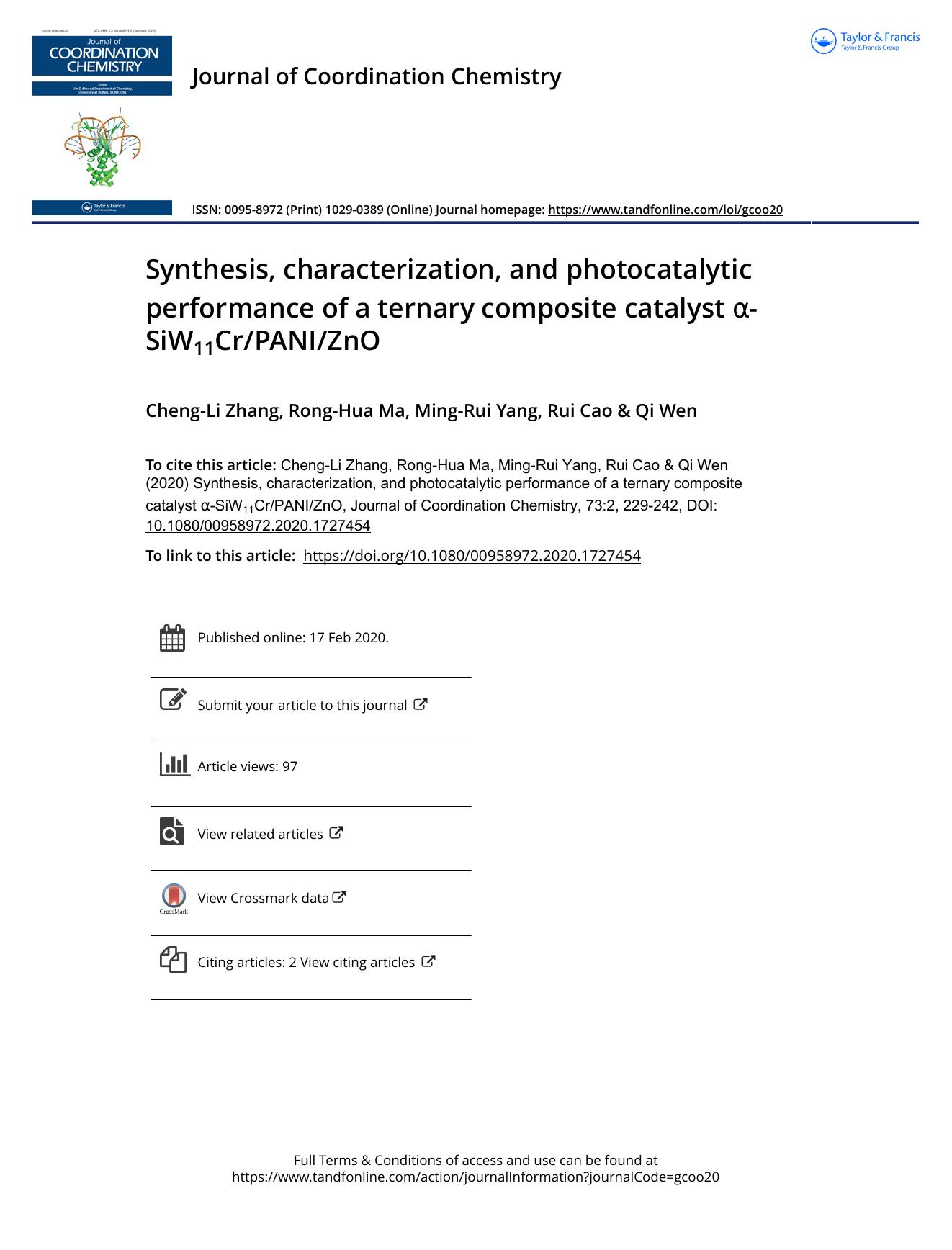 Synthesis, characterization, and photocatalytic performance of a ternary composite catalyst Î±-SiW11CrPANIZnO by Zhang Cheng-Li & Ma Rong-Hua & Yang Ming-Rui & Cao Rui & Wen Qi
