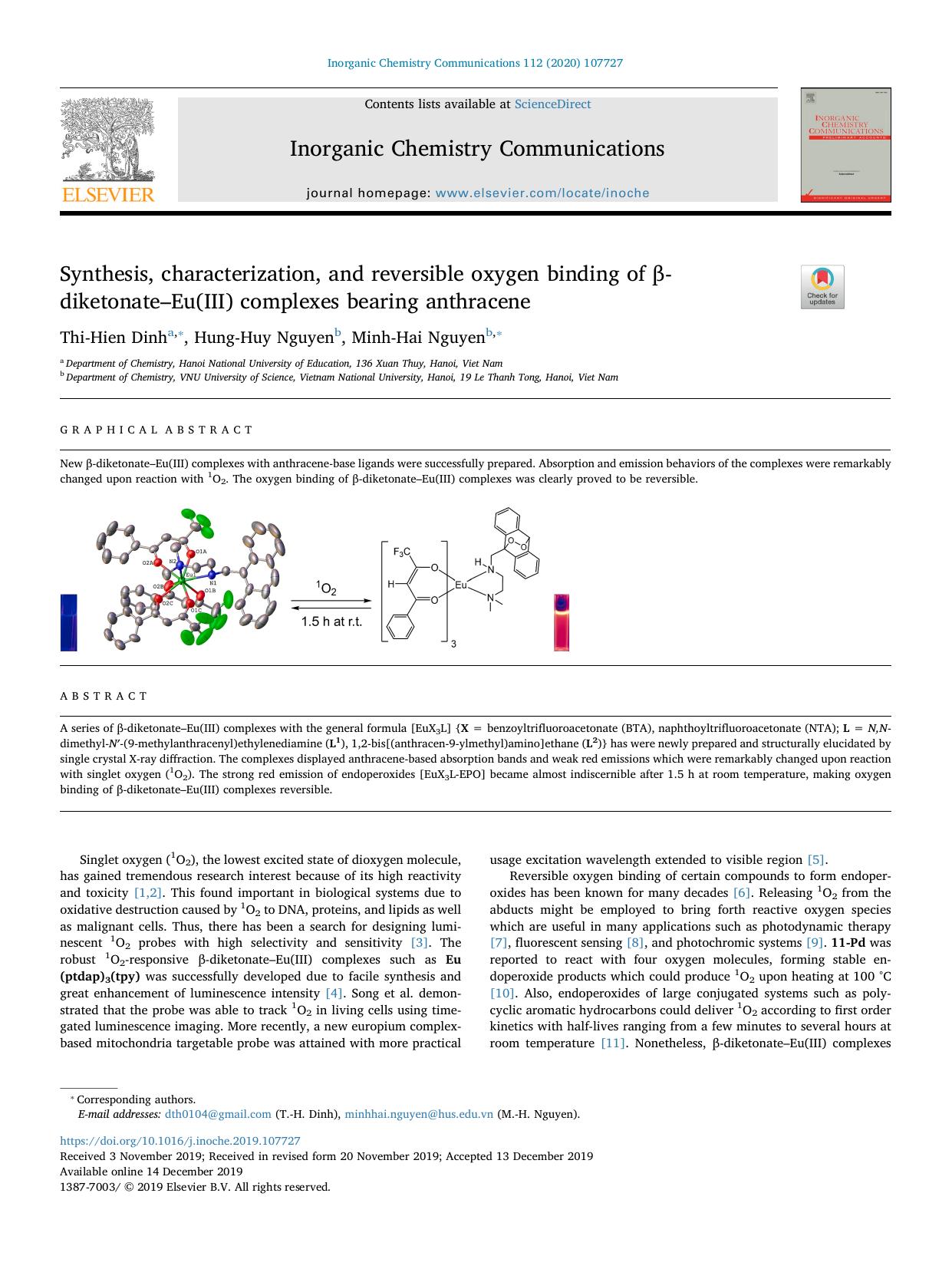 Synthesis, characterization, and reversible oxygen binding of Î²-diketonateâEu(III) complexes bearing anthracene by Thi-Hien Dinh & Hung-Huy Nguyen & Minh-Hai Nguyen