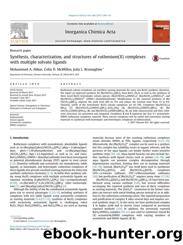 Synthesis, characterization, and structures of ruthenium(II) complexes with multiple solvato ligands by Mohammed A. Abbas & Colin D. McMillen & Julia L. Brumaghim