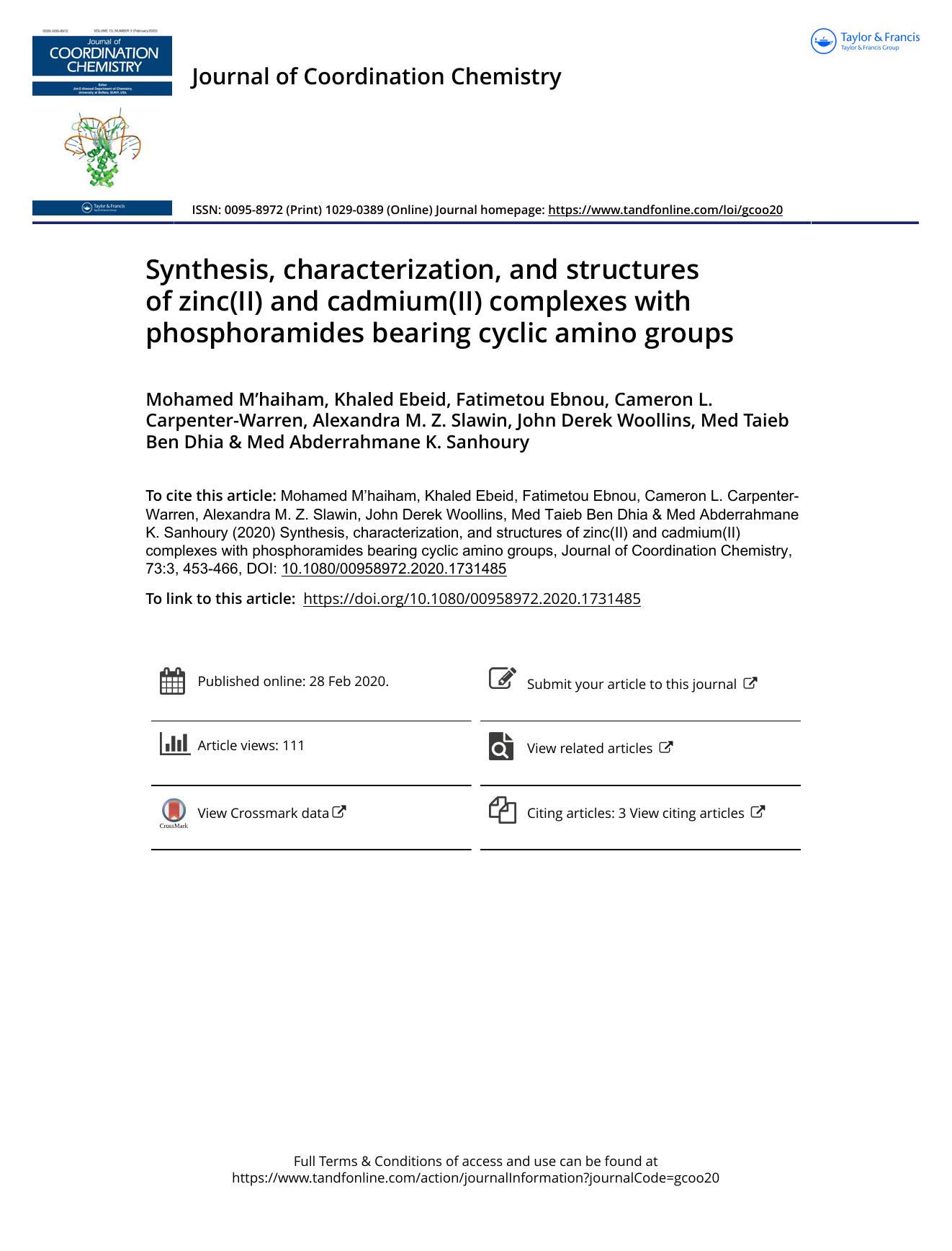 Synthesis, characterization, and structures of zinc(II) and cadmium(II) complexes with phosphoramides bearing cyclic amino groups by unknow