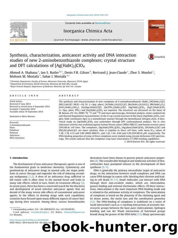 Synthesis, characterization, anticancer activity and DNA interaction studies of new 2-aminobenzothiazole complexes; crystal structure and DFT calculations of [Ag(Habt)2]ClO4 by unknow