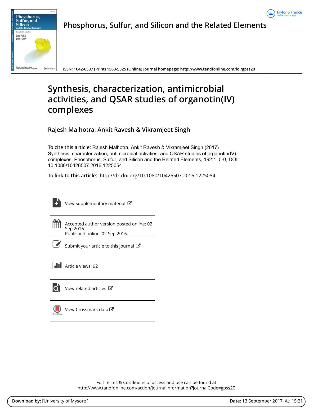 Synthesis, characterization, antimicrobial activities, and QSAR studies of organotin(IV) complexes by Rajesh Malhotra & Ankit Ravesh & Vikramjeet Singh