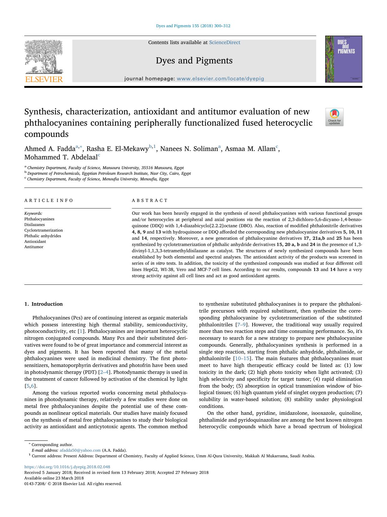 Synthesis, characterization, antioxidant and antitumor evaluation of new phthalocyanines containing peripherally functionalized fused heterocyclic compounds by Ahmed A. Fadda & Rasha E. El-Mekawy & Nanees N. Soliman & Asmaa M. Allam & Mohammed T. Abdelaal