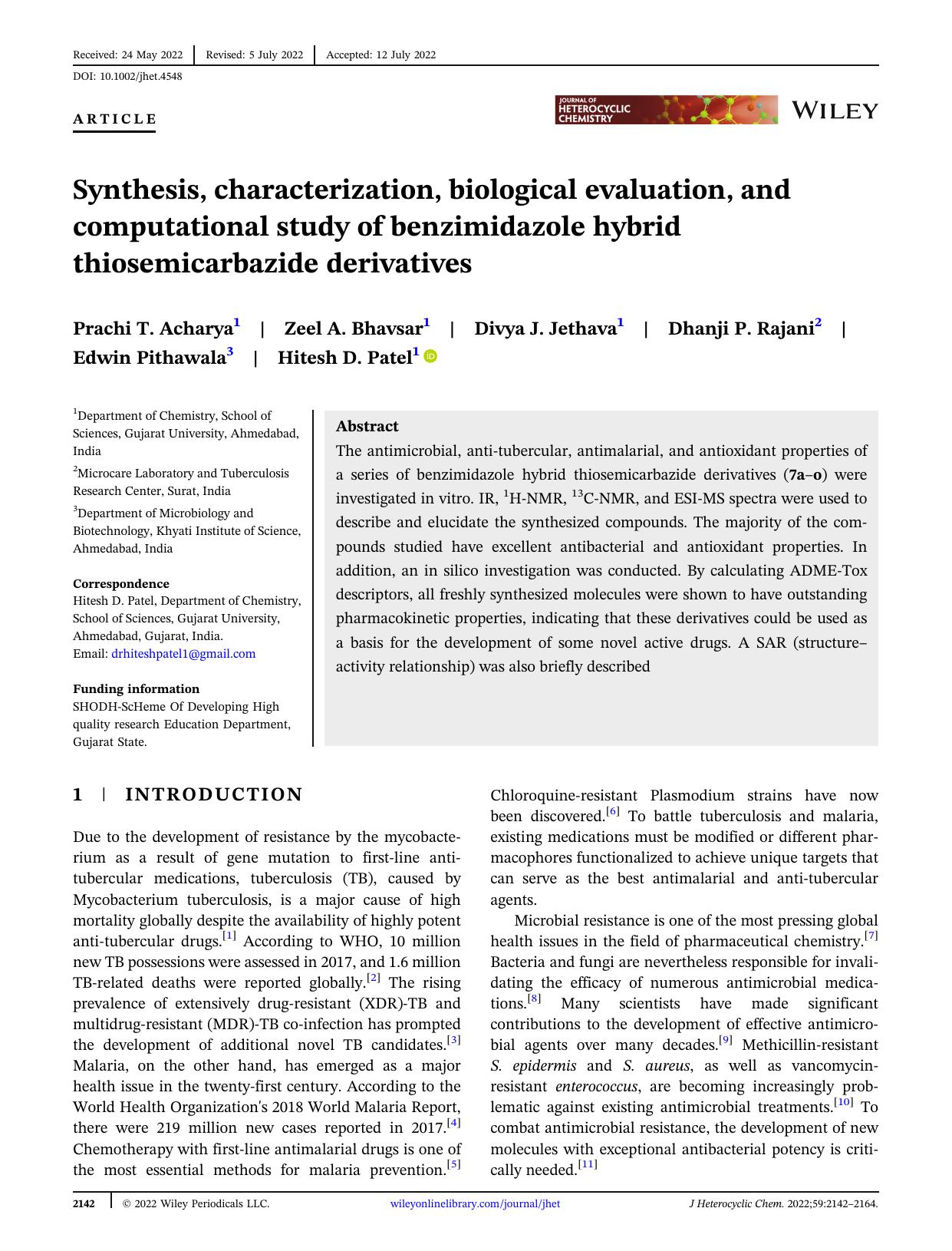 Synthesis, characterization, biological evaluation and computational study of benzimidazole hybrid thiosemicarbazide derivatives by Unknown