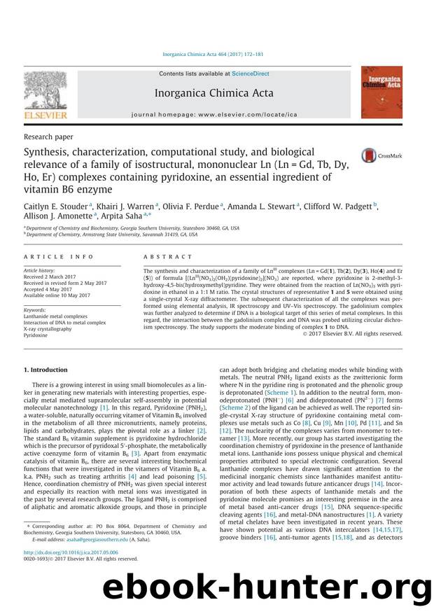 Synthesis, characterization, computational study, and biological relevance of a family of isostructural, mononuclear Ln (Ln=Gd, Tb, Dy, Ho, Er) complexes containing pyridoxine, an  by unknow