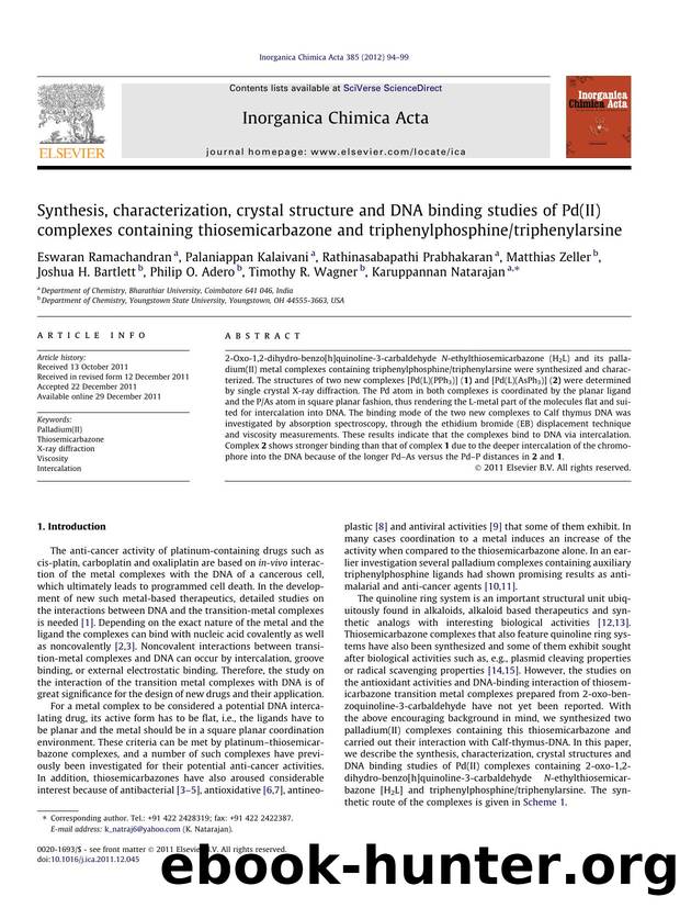 Synthesis, characterization, crystal structure and DNA binding studies of Pd(II) complexes containing thiosemicarbazone and triphenylphosphinetriphenylarsine by unknow