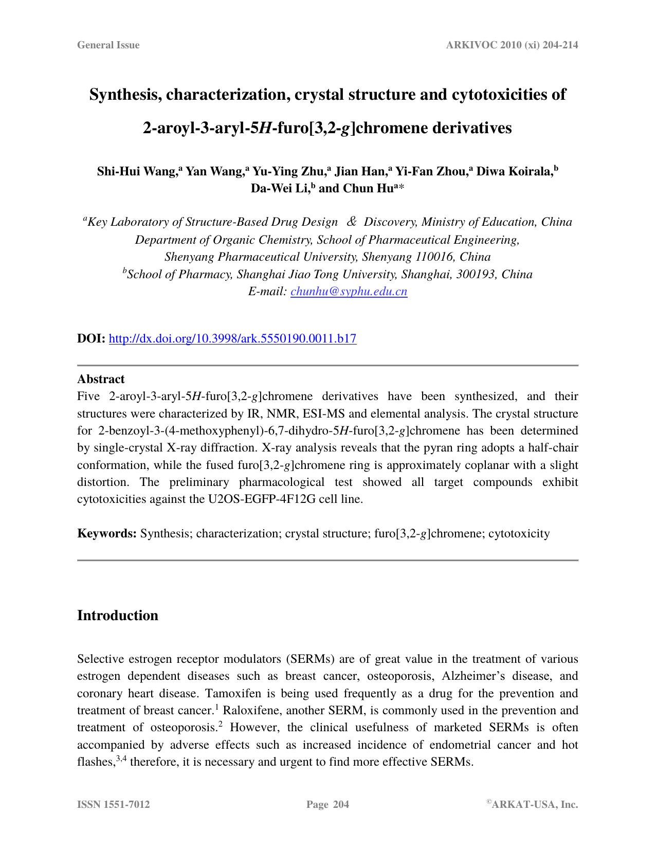 Synthesis, characterization, crystal structure and biological activity of 2-aroyl-3-aryl-5H-furo[3,2-g]chromen derivatives by wsh