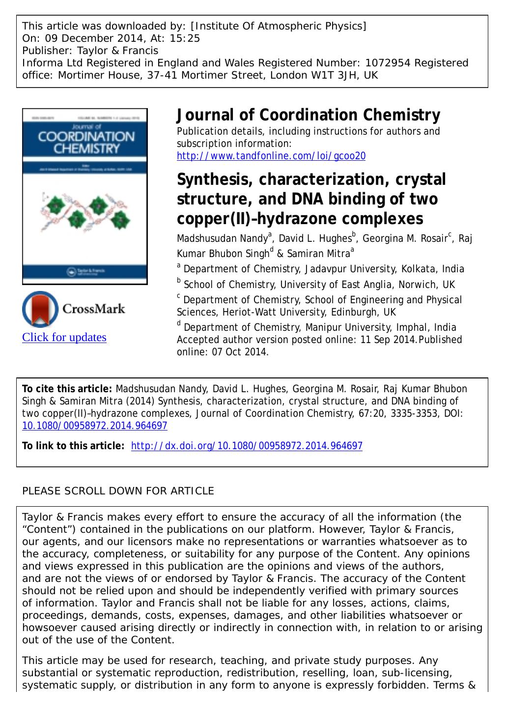 Synthesis, characterization, crystal structure, and DNA binding of two copper(II)âhydrazone complexes by Madshusudan Nandy