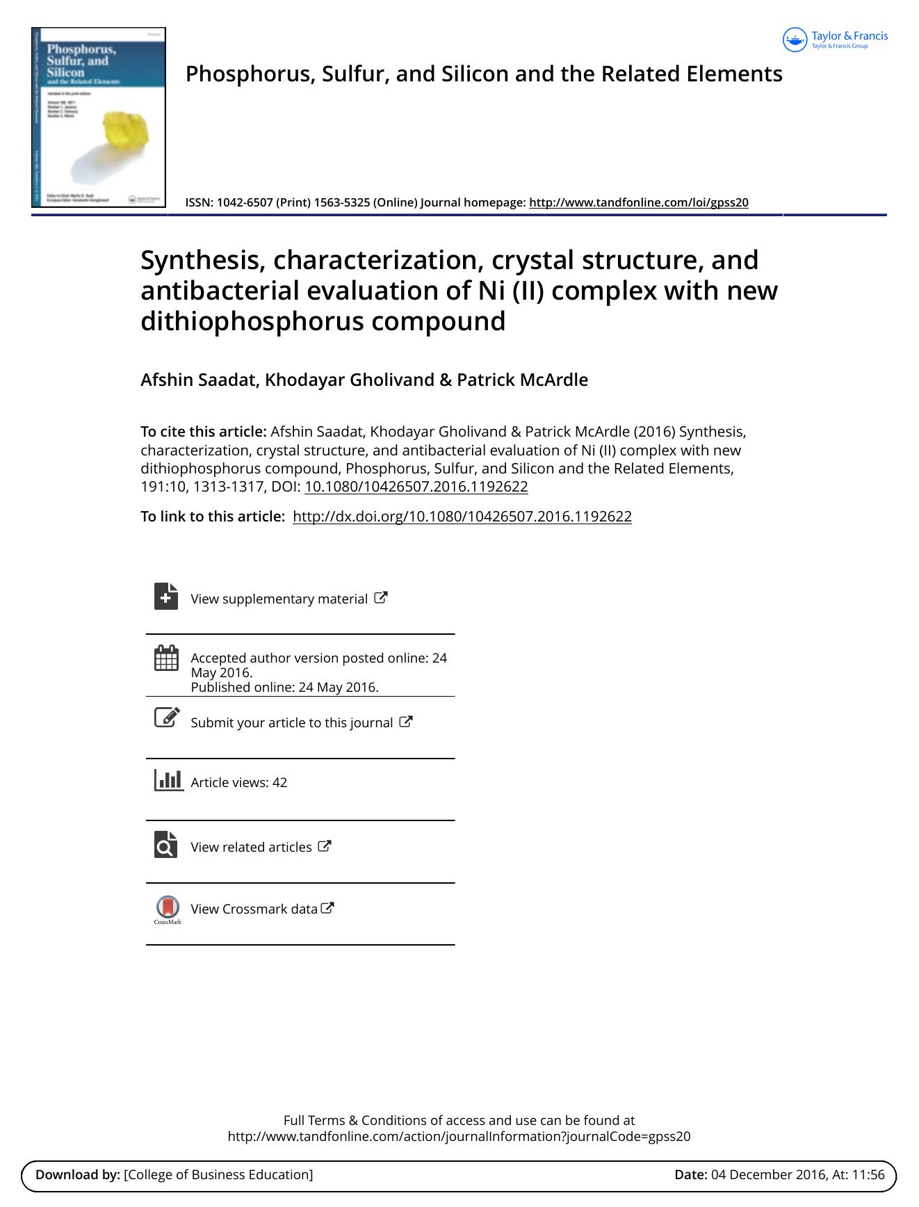 Synthesis, characterization, crystal structure, and antibacterial evaluation of Ni (II) complex with new dithiophosphorus compound by Afshin Saadat & Khodayar Gholivand & Patrick McArdle