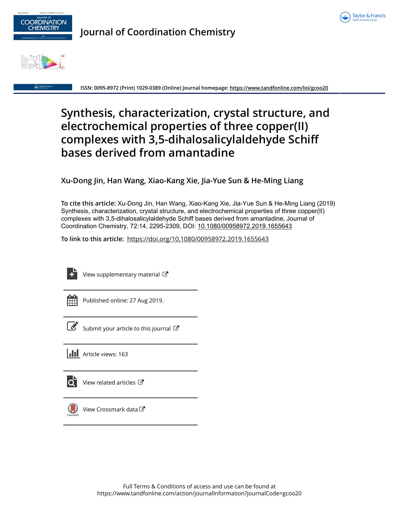 Synthesis, characterization, crystal structure, and electrochemical properties of three copper(II) complexes with 3,5-dihalosalicylaldehyde Schiff bases derived from amantadine by Jin Xu-Dong & Wang Han & Xie Xiao-Kang & Sun Jia-Yue & Liang He-Ming