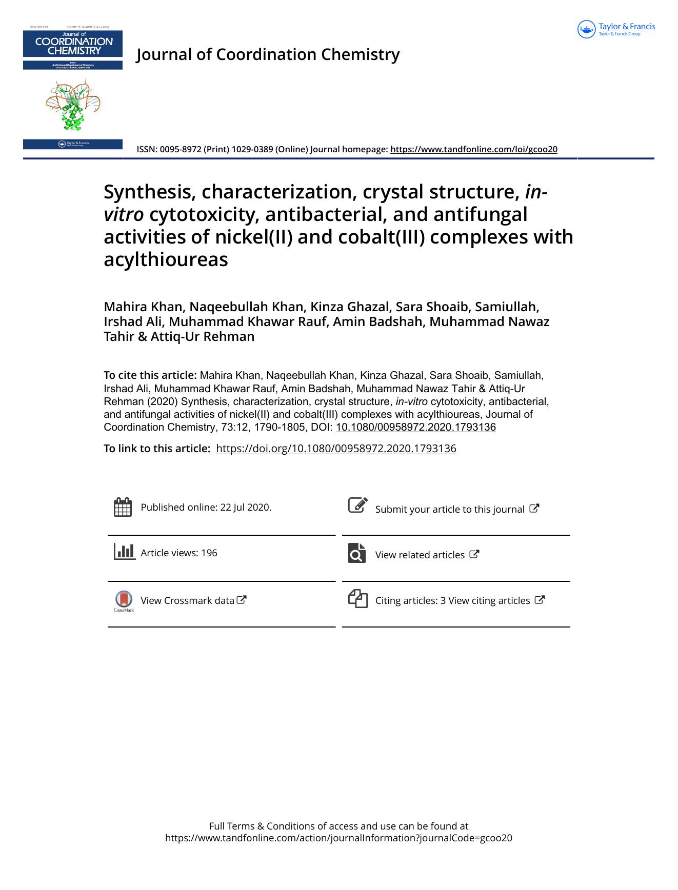 Synthesis, characterization, crystal structure, in-vitro cytotoxicity, antibacterial, and antifungal activities of nickel(II) and cobalt(III) complexes with acylthioureas by unknow