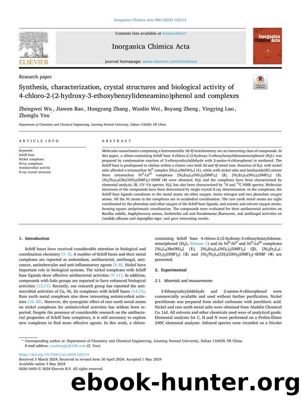 Synthesis, characterization, crystal structures and biological activity of 4-chloro-2-(2-hydroxy-3-ethoxybenzylideneamino)phenol and complexes by Zhengwei Wu & Jiawen Bao & Hongyang Zhang & Wanlin Wei & Boyang Zheng & Yingying Luo & Zhonglu You