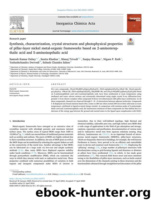 Synthesis, characterization, crystal structures and photophysical properties of pillar-layer nickel metal-organic frameworks based on 2-aminoterepthalic acid and 5-aminoisopthalic acid by Santosh Kumar Dubey