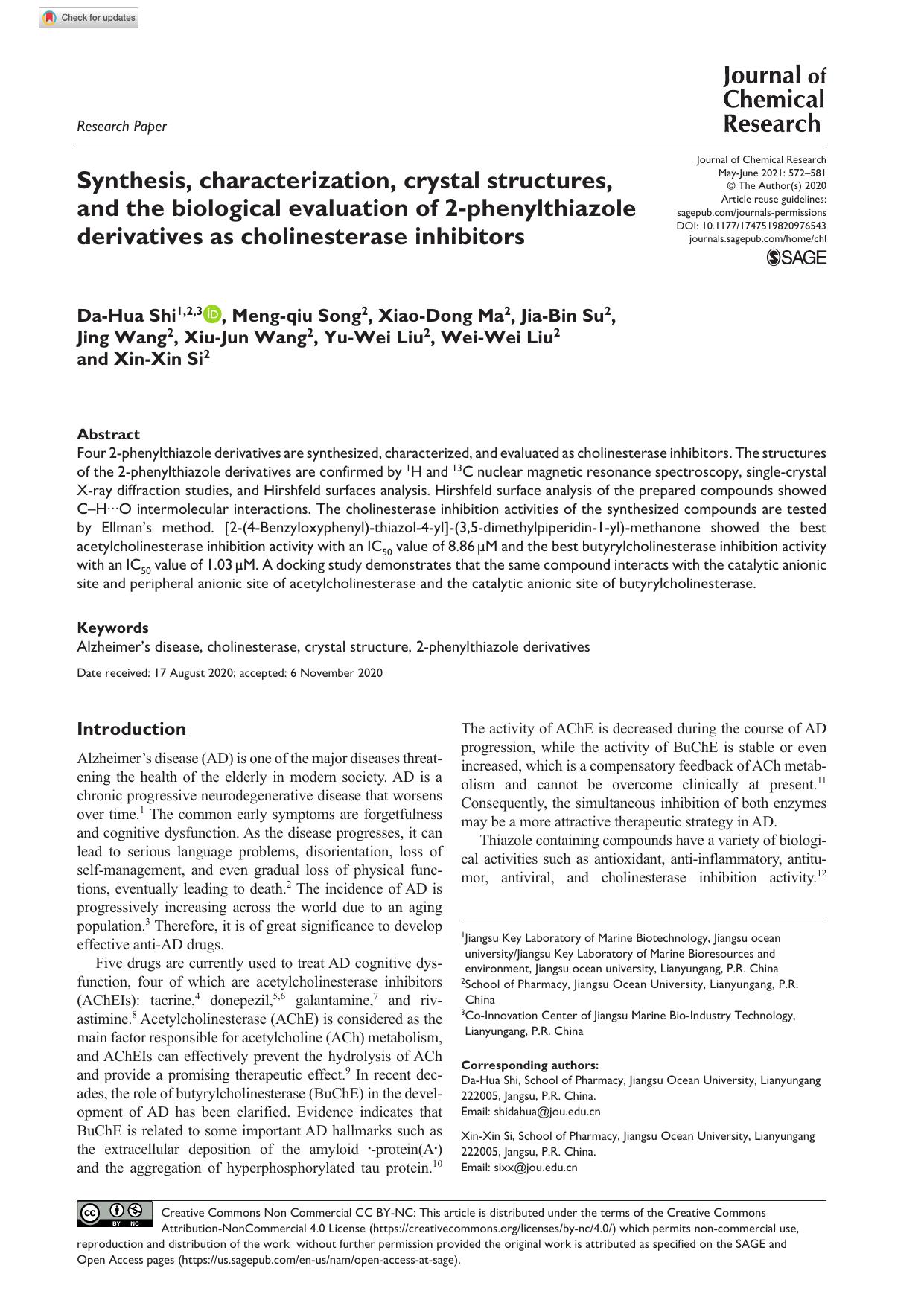Synthesis, characterization, crystal structures, and the biological evaluation of 2-phenylthiazole derivatives as cholinesterase inhibitors by unknow
