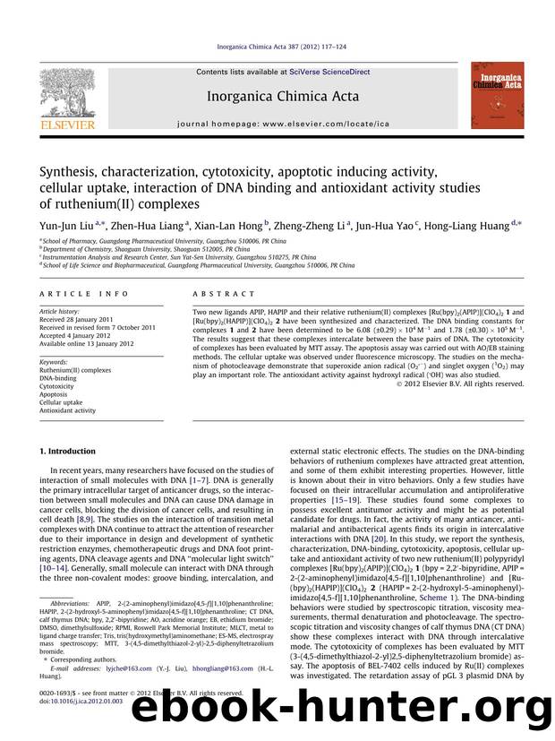 Synthesis, characterization, cytotoxicity, apoptotic inducing activity, cellular uptake, interaction of DNA binding and antioxidant activity studies of ruthenium(II) complexes by Yun-Jun Liu & Zhen-Hua Liang & Xian-Lan Hong & Zheng-Zheng Li & Jun-Hua Yao & Hong-Liang Huang