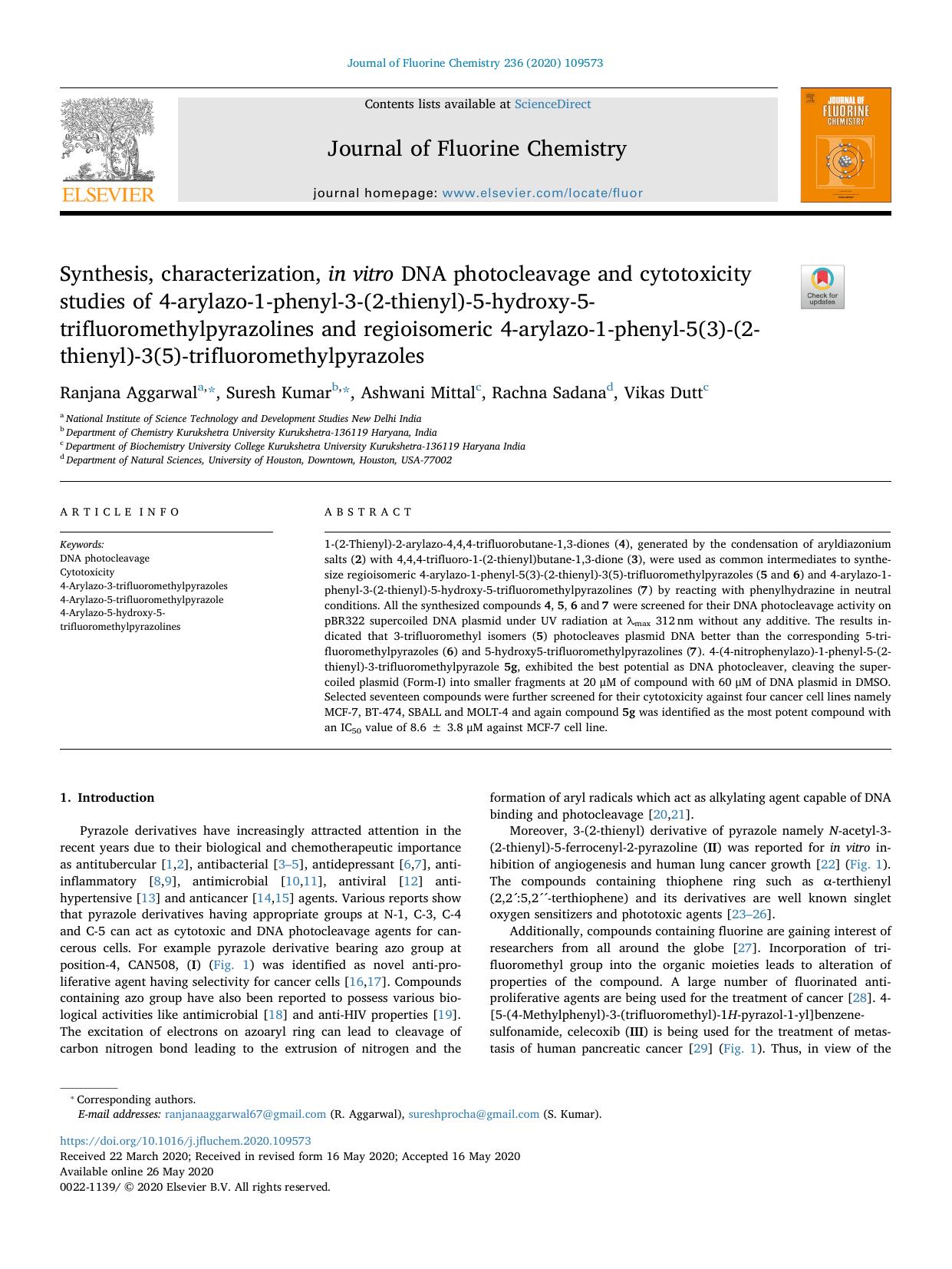 Synthesis, characterization, in vitro DNA photocleavage and cytotoxicity studies of 4-arylazo-1-phenyl-3-(2-thienyl)-5-hydroxy-5-trifluoromethylpyrazolines and regioisomeric 4-aryl by Ranjana Aggarwal & Suresh Kumar & Ashwani Mittal & Rachna Sadana & Vikas Dutt