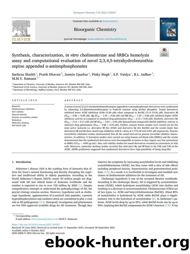 Synthesis, characterization, in vitro cholinesterase and h RBCs hemolysis assay and computational evaluation of novel 2,3,4,5-tetrahydrobenzothiazepine appended Î±-aminophosphonates by unknow