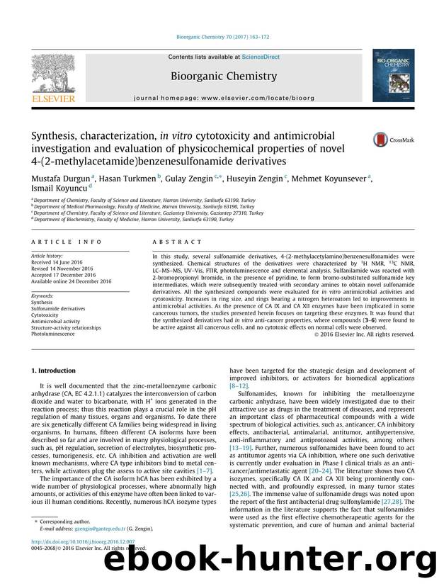 Synthesis, characterization, in vitro cytotoxicity and antimicrobial investigation and evaluation of physicochemical properties of novel 4-(2-methylacetamide)benzenesulfonamide derivatives by Mustafa Durgun & Hasan Turkmen & Gulay Zengin & Huseyin Zengin & Mehmet Koyunsever & Ismail Koyuncu