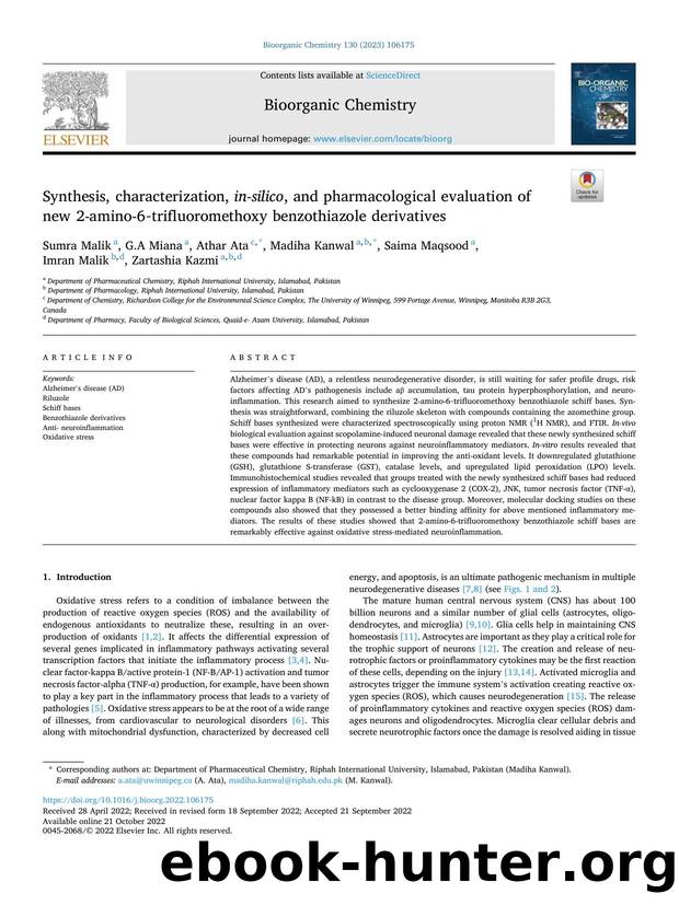 Synthesis, characterization, in-silico , and pharmacological evaluation of new 2-amino-6âtrifluoromethoxy benzothiazole derivatives by Sumra Malik & G.A Miana & Athar Ata & Madiha Kanwal & Saima Maqsood & Imran Malik & Zartashia Kazmi