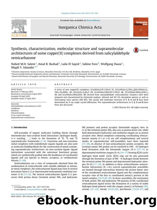 Synthesis, characterization, molecular structure and supramolecular architectures of some copper(II) complexes derived from salicylaldehyde semicarbazone by unknow