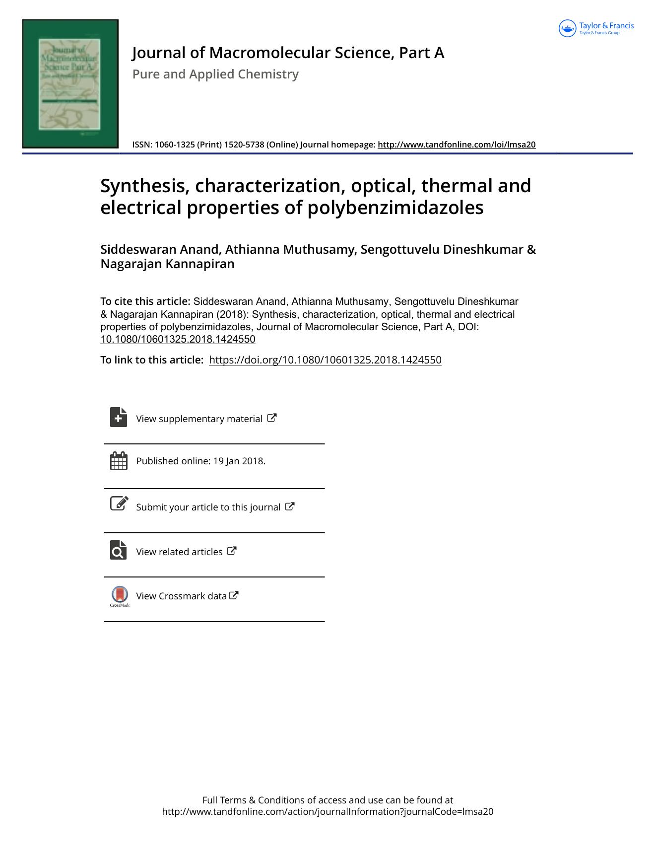 Synthesis, characterization, optical, thermal and electrical properties of polybenzimidazoles by Siddeswaran Anand & Athianna Muthusamy & Sengottuvelu Dineshkumar & Nagarajan Kannapiran