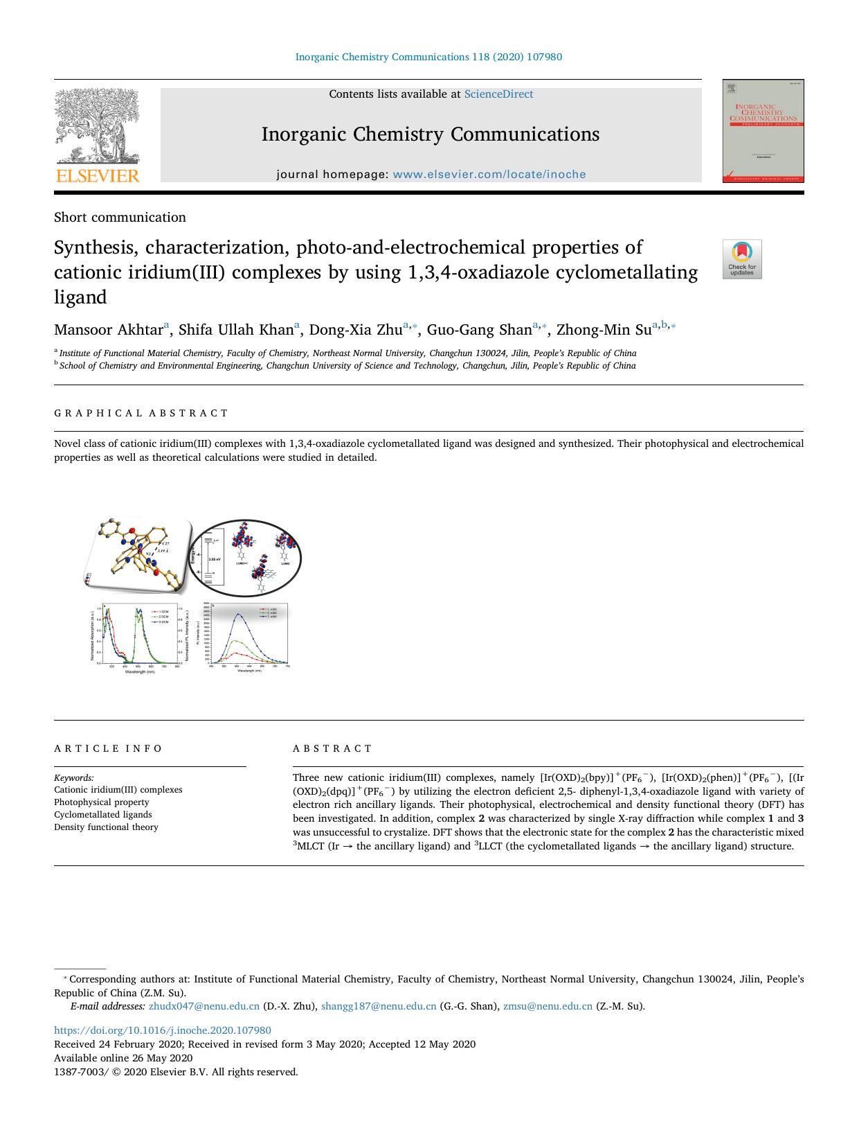 Synthesis, characterization, photo-and-electrochemical properties of cationic iridium(III) complexes by using 1,3,4-oxadiazole cyclometallating ligand by Mansoor Akhtar & Shifa Ullah Khan & Dong-Xia Zhu & Guo-Gang Shan & Zhong-Min Su