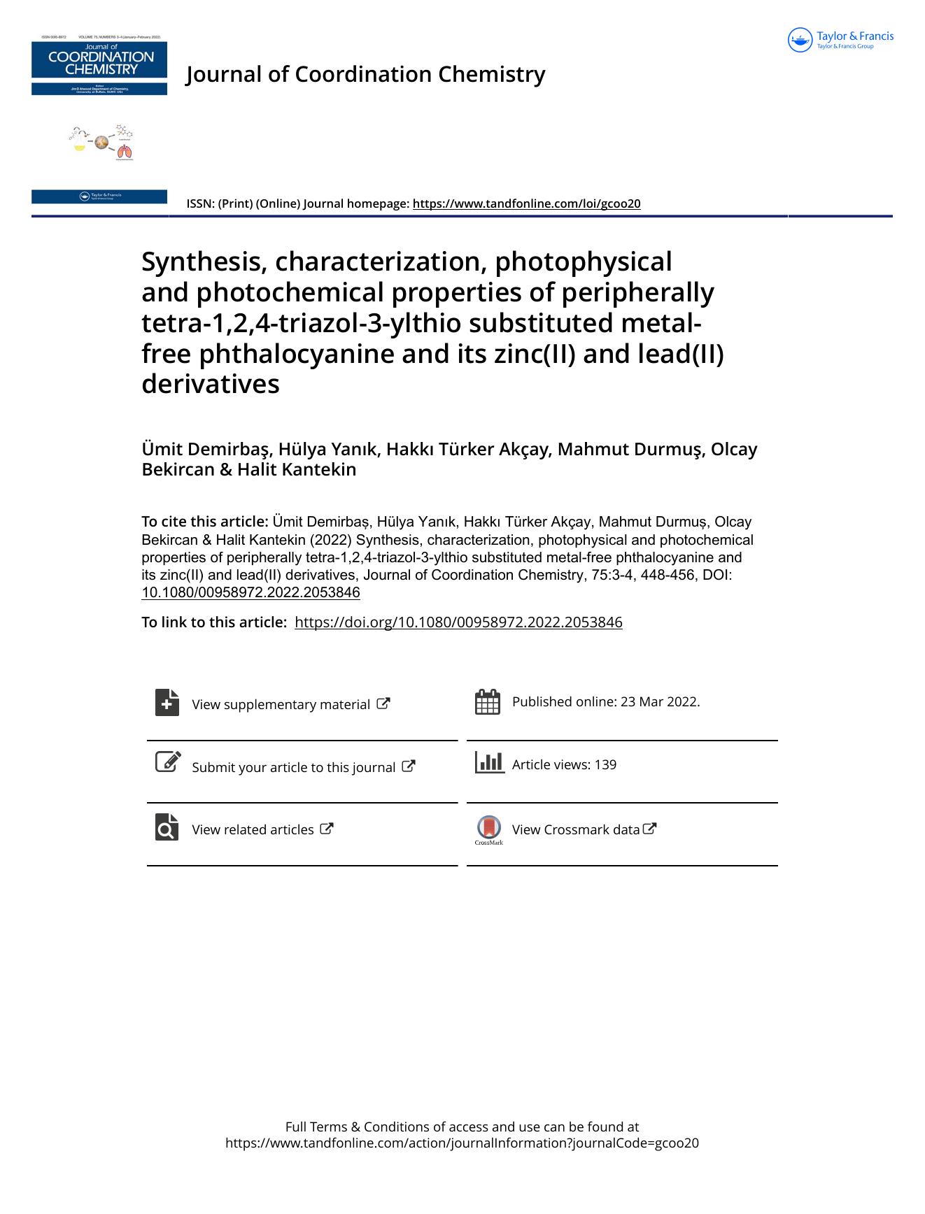 Synthesis, characterization, photophysical and photochemical properties of peripherally tetra-1,2,4-triazol-3-ylthio substituted metal-free phthalocyanine and its zinc(II) and lead(II) derivatives by unknow