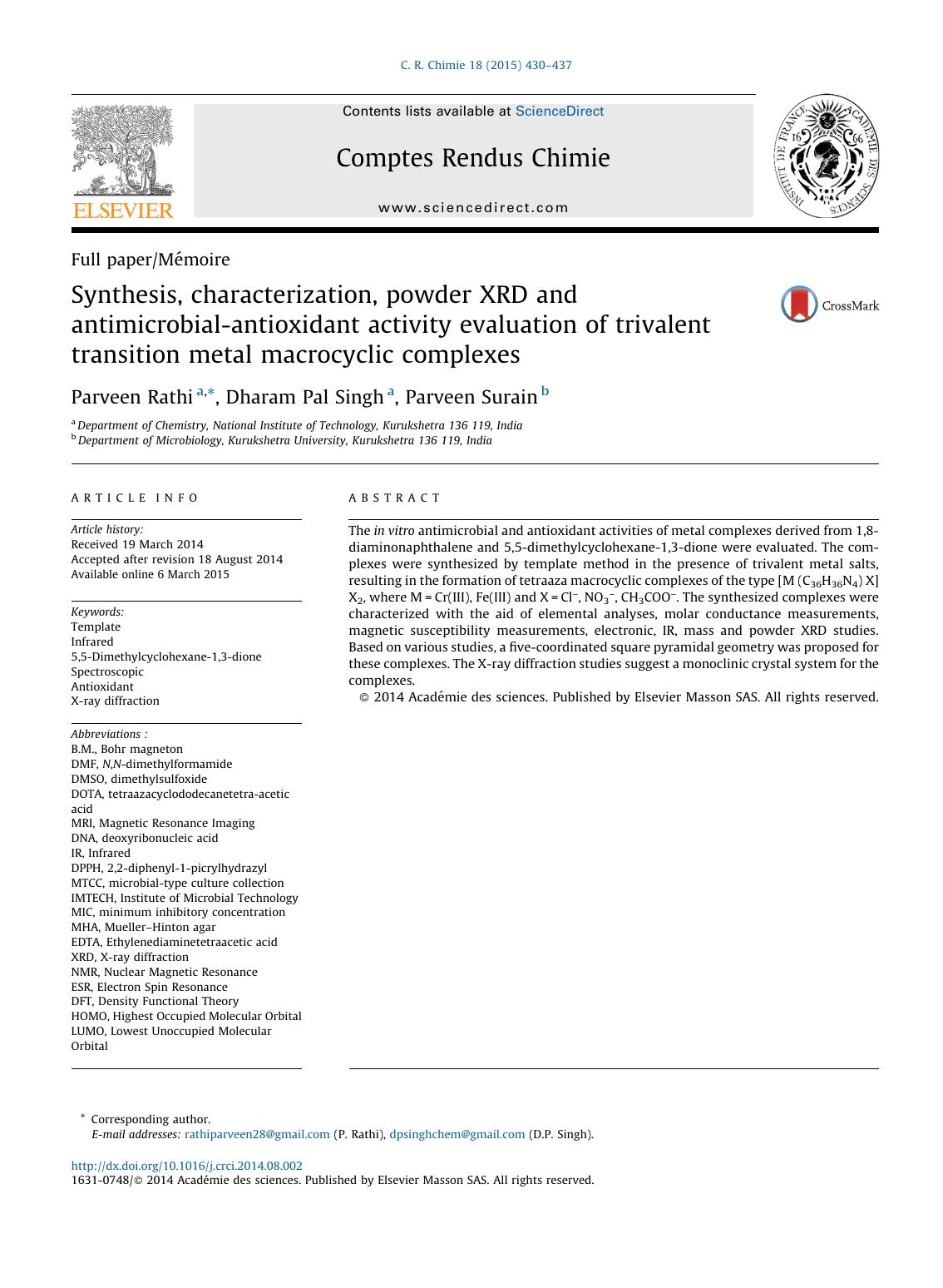 Synthesis, characterization, powder XRD and antimicrobial-antioxidant activity evaluation of trivalent transition metal macrocyclic complexes by Parveen Rathi & Dharam Pal Singh & Parveen Surain