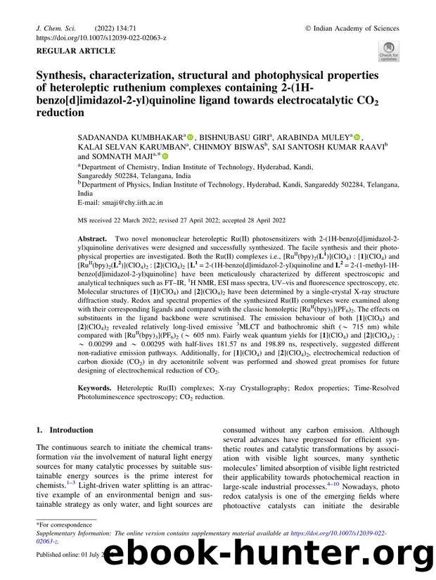 Synthesis, characterization, structural and photophysical properties of heteroleptic ruthenium complexes containing 2-(1H-benzo[d]imidazol-2-yl)quinoline ligand towards electrocatalytic CO2 reduction by unknow