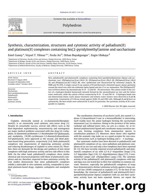Synthesis, characterization, structures and cytotoxic activity of palladium(II) and platinum(II) complexes containing bis(2-pyridylmethyl)amine and saccharinate by Emel Guney & Veysel T. Yilmaz & Ferda Ari & Orhan Buyukgungor & Engin Ulukaya