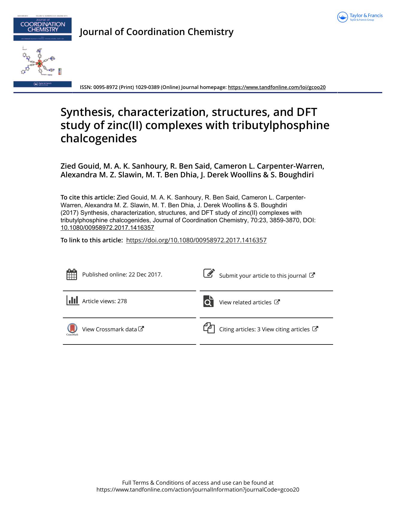 Synthesis, characterization, structures, and DFT study of zinc(II) complexes with tributylphosphine chalcogenides by unknow