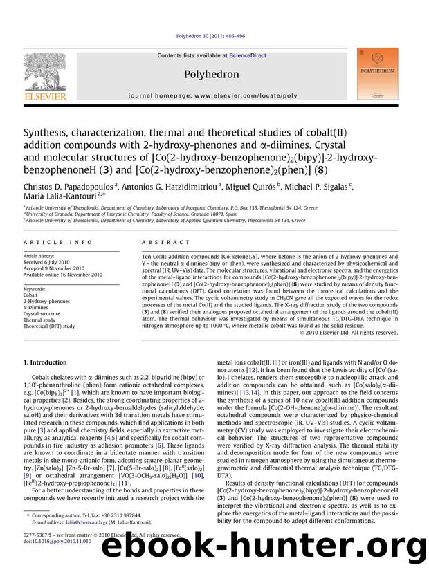 Synthesis, characterization, thermal and theoretical studies of cobalt(II) addition compounds with 2-hydroxy-phenones and ÃÂ±-diimines. Crystal and molecular structures of [Co(2-h by unknow
