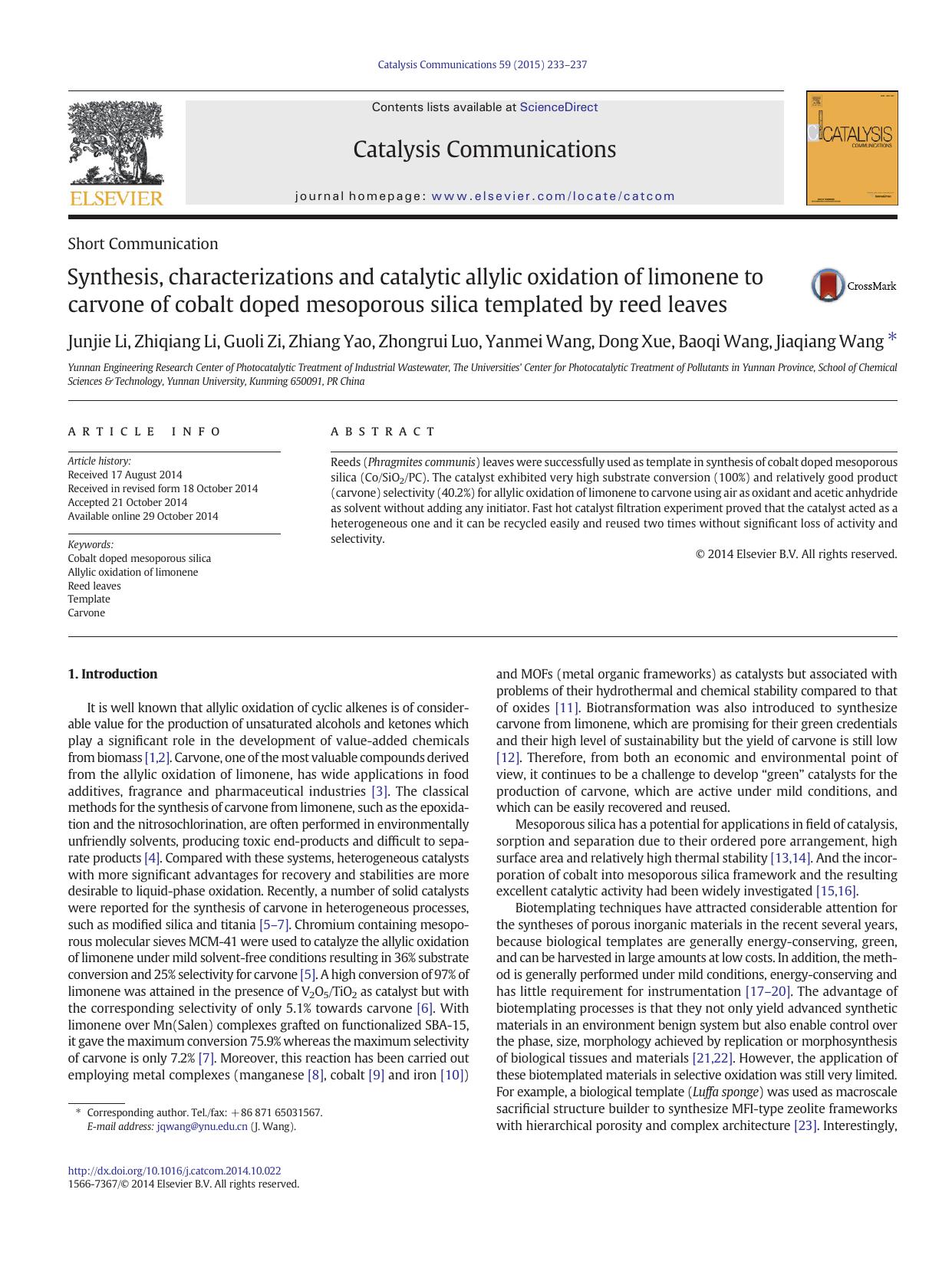 Synthesis, characterizations and catalytic allylic oxidation of limonene to carvone of cobalt doped mesoporous silica templated by reed leaves by unknow