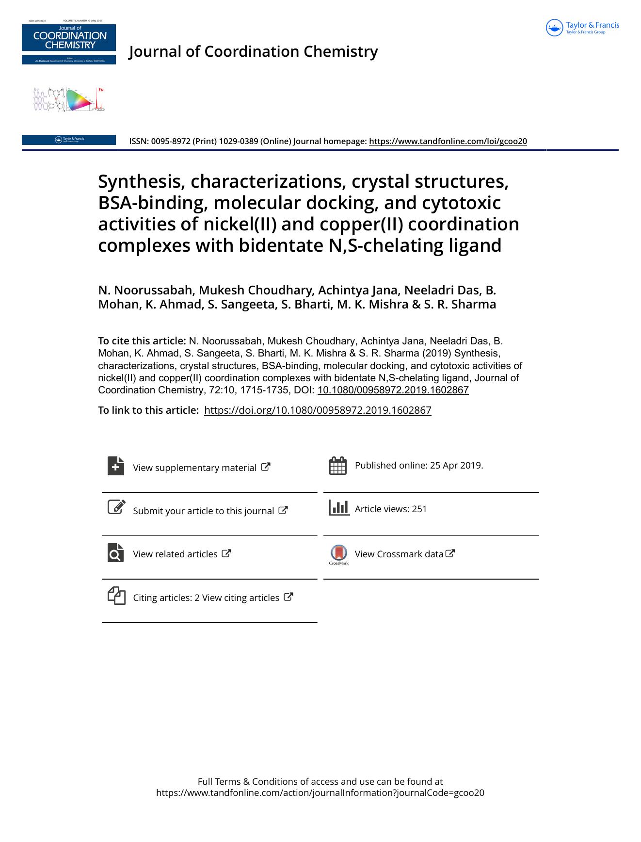 Synthesis, characterizations, crystal structures, BSA-binding, molecular docking, and cytotoxic activities of nickel(II) and copper(II) coordination complexes with bidentate N,S-chelating ligand by unknow