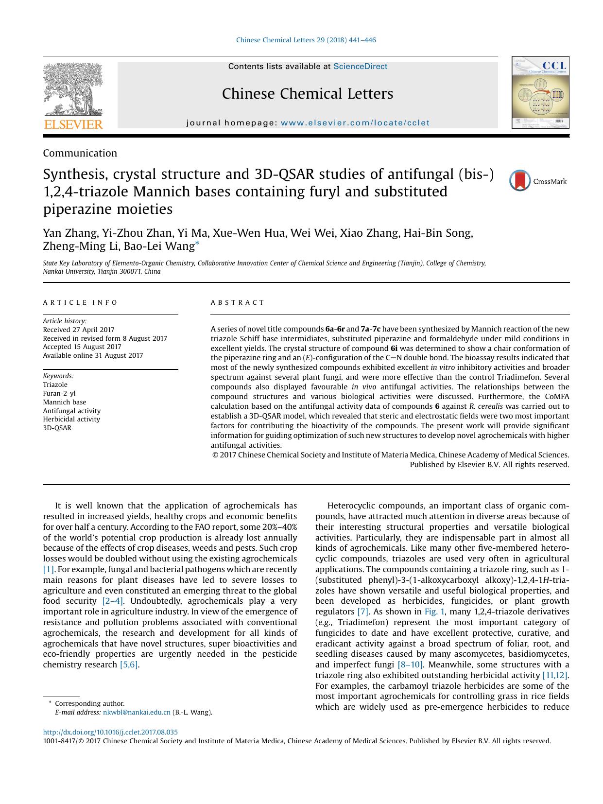 Synthesis, crystal structure and 3D-QSAR studies of antifungal (bis-)1,2,4-triazole Mannich bases containing furyl and substituted piperazine moieties by unknow