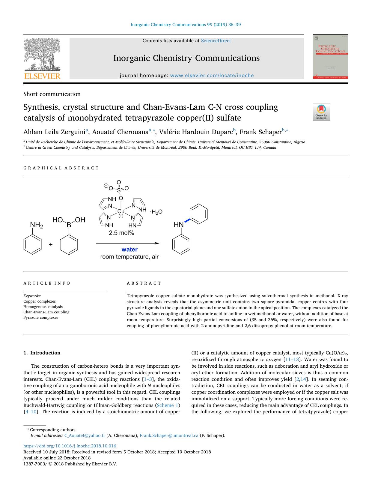 Synthesis, crystal structure and Chan-Evans-Lam C-N cross coupling catalysis of monohydrated tetrapyrazole copper(II) sulfate by Ahlam Leila Zerguini & Aouatef Cherouana & Valérie Hardouin Duparc & Frank Schaper
