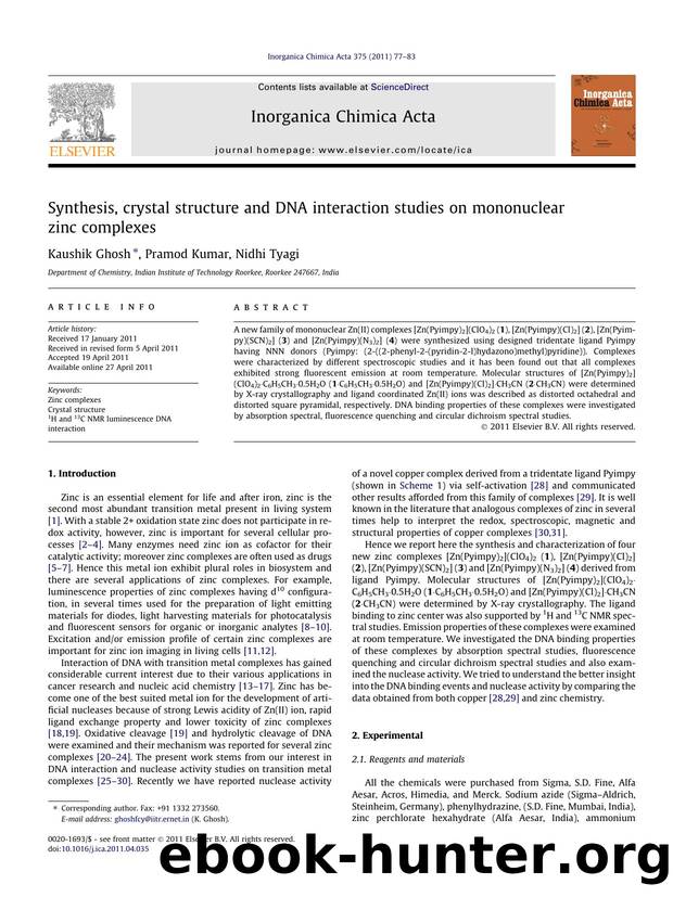 Synthesis, crystal structure and DNA interaction studies on mononuclear zinc complexes by Kaushik Ghosh & Pramod Kumar & Nidhi Tyagi