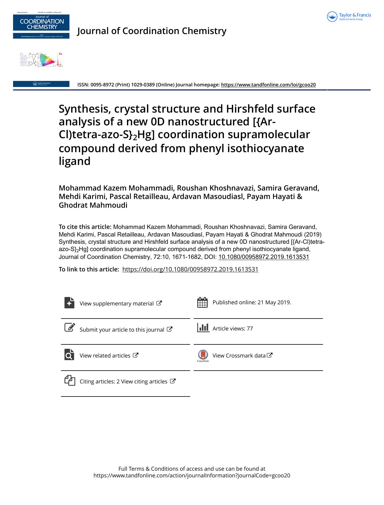 Synthesis, crystal structure and Hirshfeld surface analysis of a new 0D nanostructured [{Ar-Cl)tetra-azo-S}2Hg] coordination supramolecular compound derived from phenyl isothiocyanate ligand by unknow