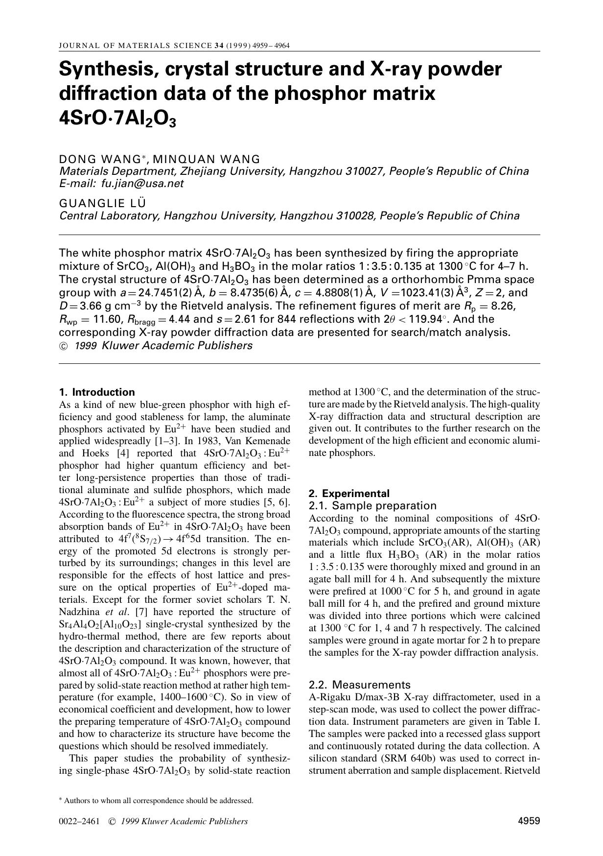 Synthesis, crystal structure and X-ray powder diffraction data of the phosphor matrix 4SrO·7Al2O3 by Unknown