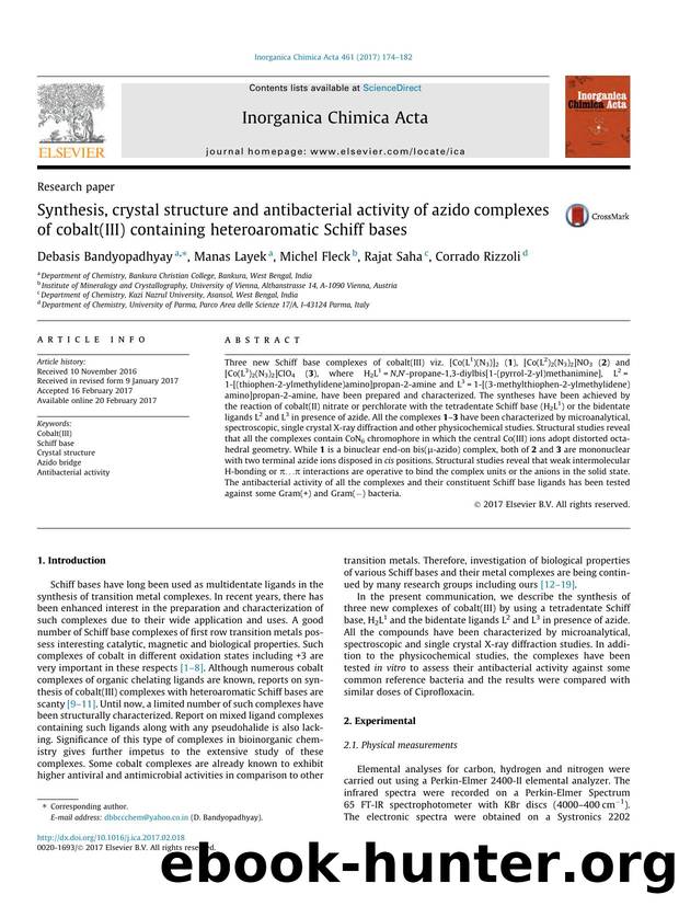 Synthesis, crystal structure and antibacterial activity of azido complexes of cobalt(III) containing heteroaromatic Schiff bases by Debasis Bandyopadhyay & Manas Layek & Michel Fleck & Rajat Saha & Corrado Rizzoli
