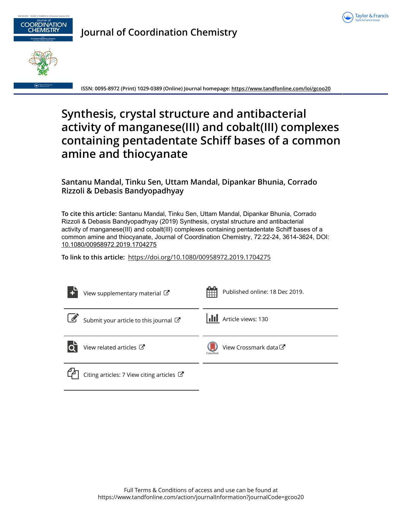 Synthesis, crystal structure and antibacterial activity of manganese(III) and cobalt(III) complexes containing pentadentate Schiff bases of a common amine and thiocyanate by unknow