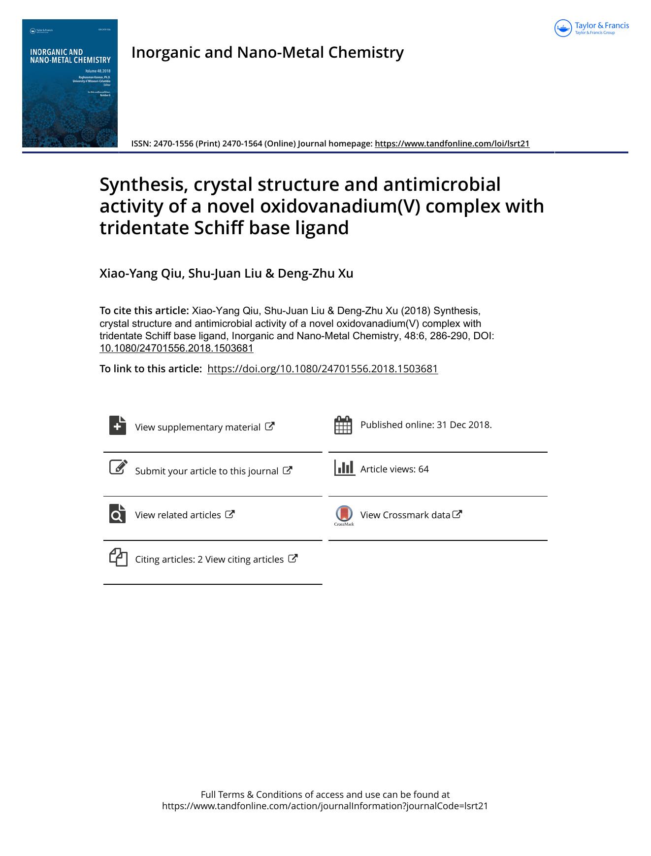Synthesis, crystal structure and antimicrobial activity of a novel oxidovanadium(V) complex with tri by Unknown