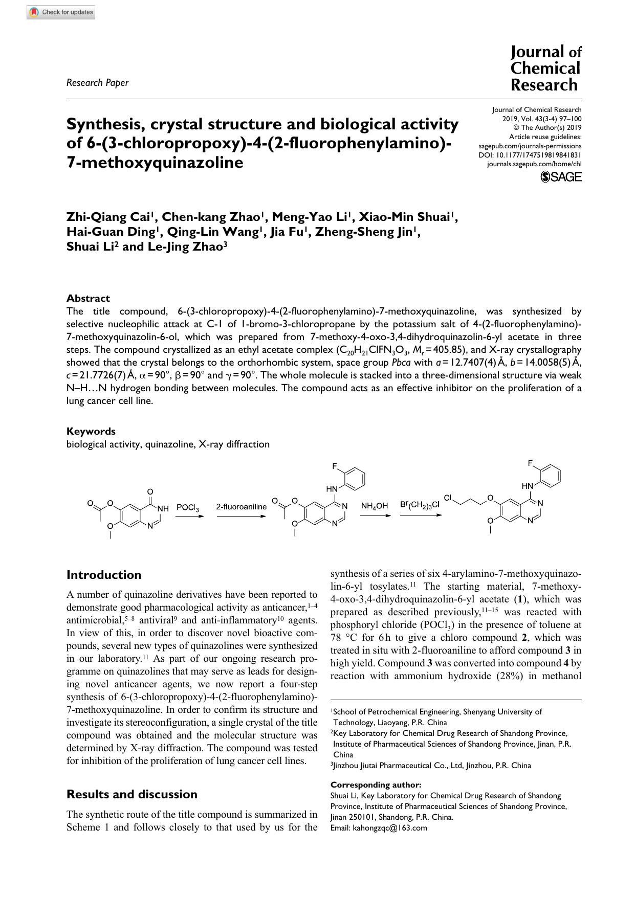 Synthesis, crystal structure and biological activity of 6-(3-chloropropoxy)-4-(2-fluorophenylamino)-7-methoxyquinazoline by unknow