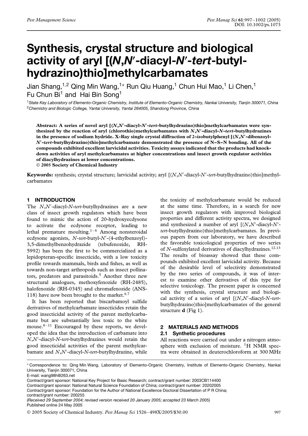 Synthesis, crystal structure and biological activity of aryl [(N,N[prime]-diacyl-N[prime]-tert-butylhydrazino)thio]methylcarbamates by Unknown