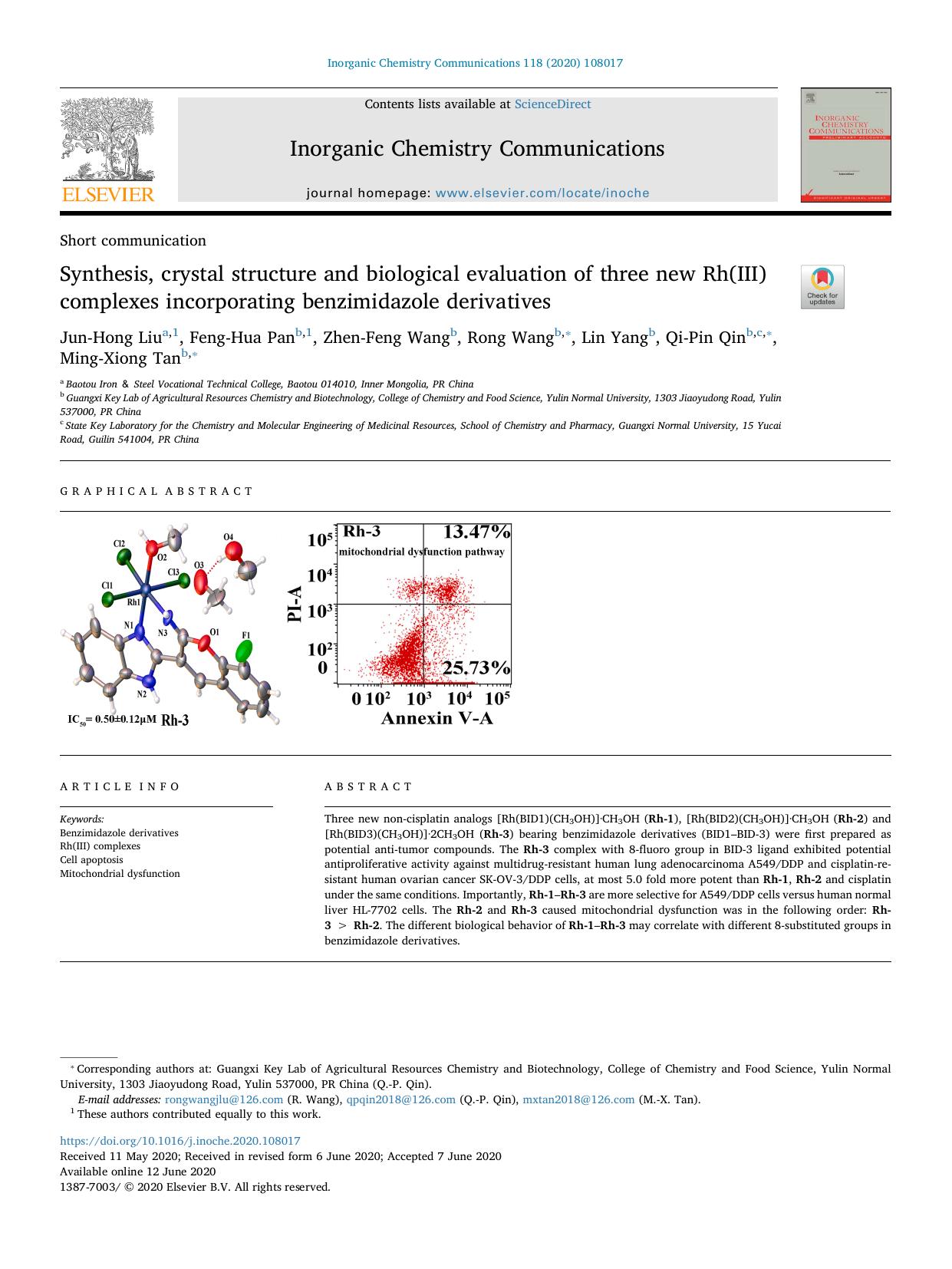 Synthesis, crystal structure and biological evaluation of three new Rh(III) complexes incorporating benzimidazole derivatives by Jun-Hong Liu