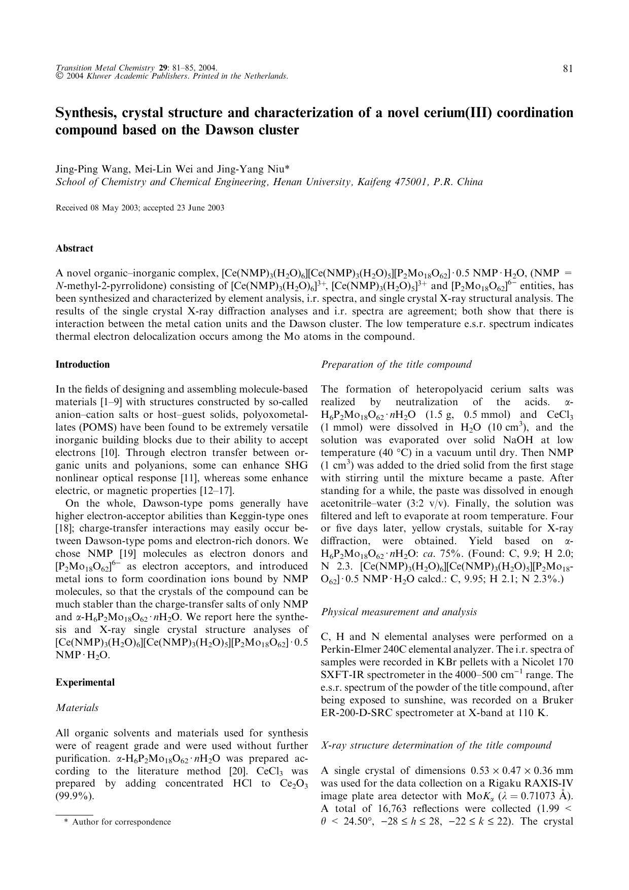 Synthesis, crystal structure and characterization of a novel cerium(III) coordination compound based on the Dawson cluster by Unknown