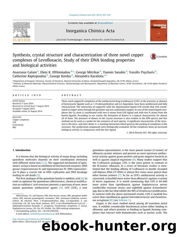 Synthesis, crystal structure and characterization of three novel copper complexes of Levofloxacin. Study of their DNA binding properties and biological activities by unknow