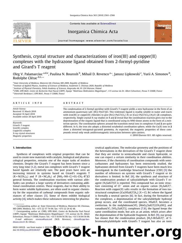 Synthesis, crystal structure and characterizations of iron(III) and copper(II) complexes with the hydrazone ligand obtained from 2-formyl-pyridine and GirardÃ¢â¬â¢s T reagent by unknow